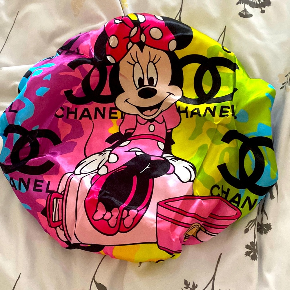 Minnie Mouse dressed in pink colorful Camo print design satin bonnet brand new